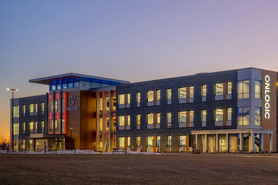 Exterior photo of OnLogic Park in Williston, Vermont at sunset